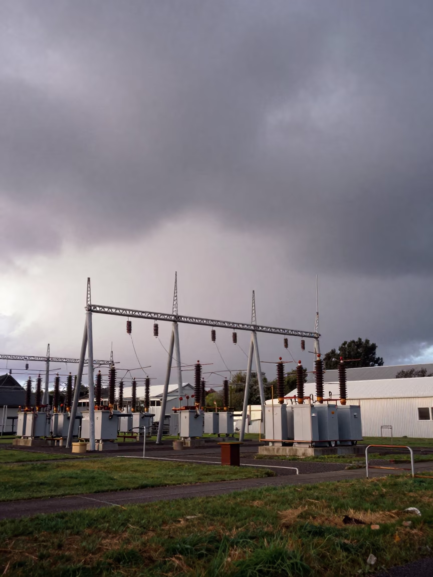 Early Morning Christchurch Substation Transformer Yard Summer Thunderstorm with Rustic Trellis and Sweet Peas in in Christchurch, New Zealand
