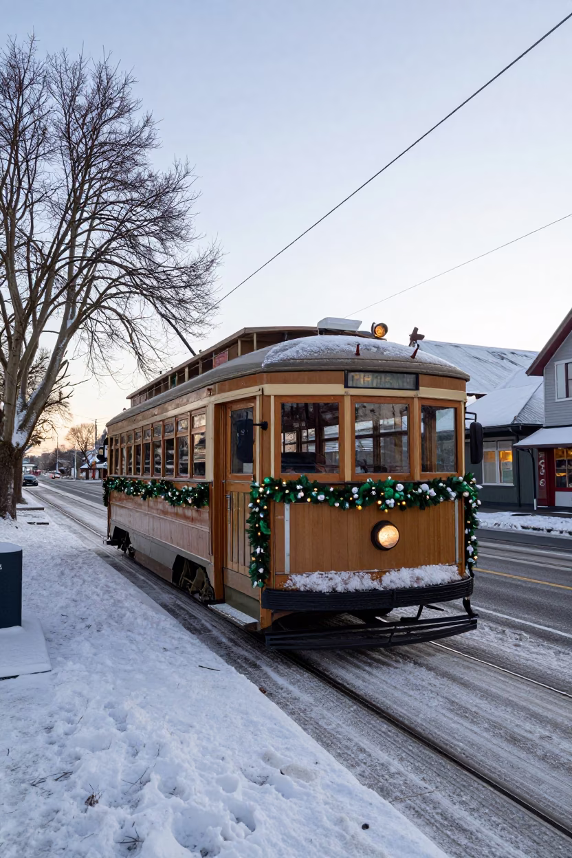 Early Morning Christchurch Tramcar Decorated for Christmas Snowy Avenue in in Christchurch, New Zealand