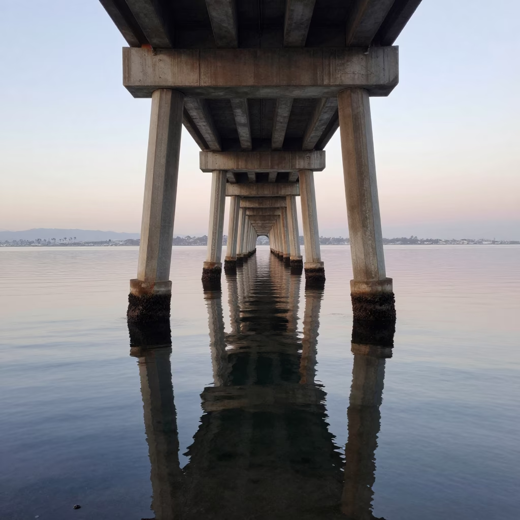 Early Morning Coastal Bridge Pier Reflections in San Diego California in in San Diego, California, United States