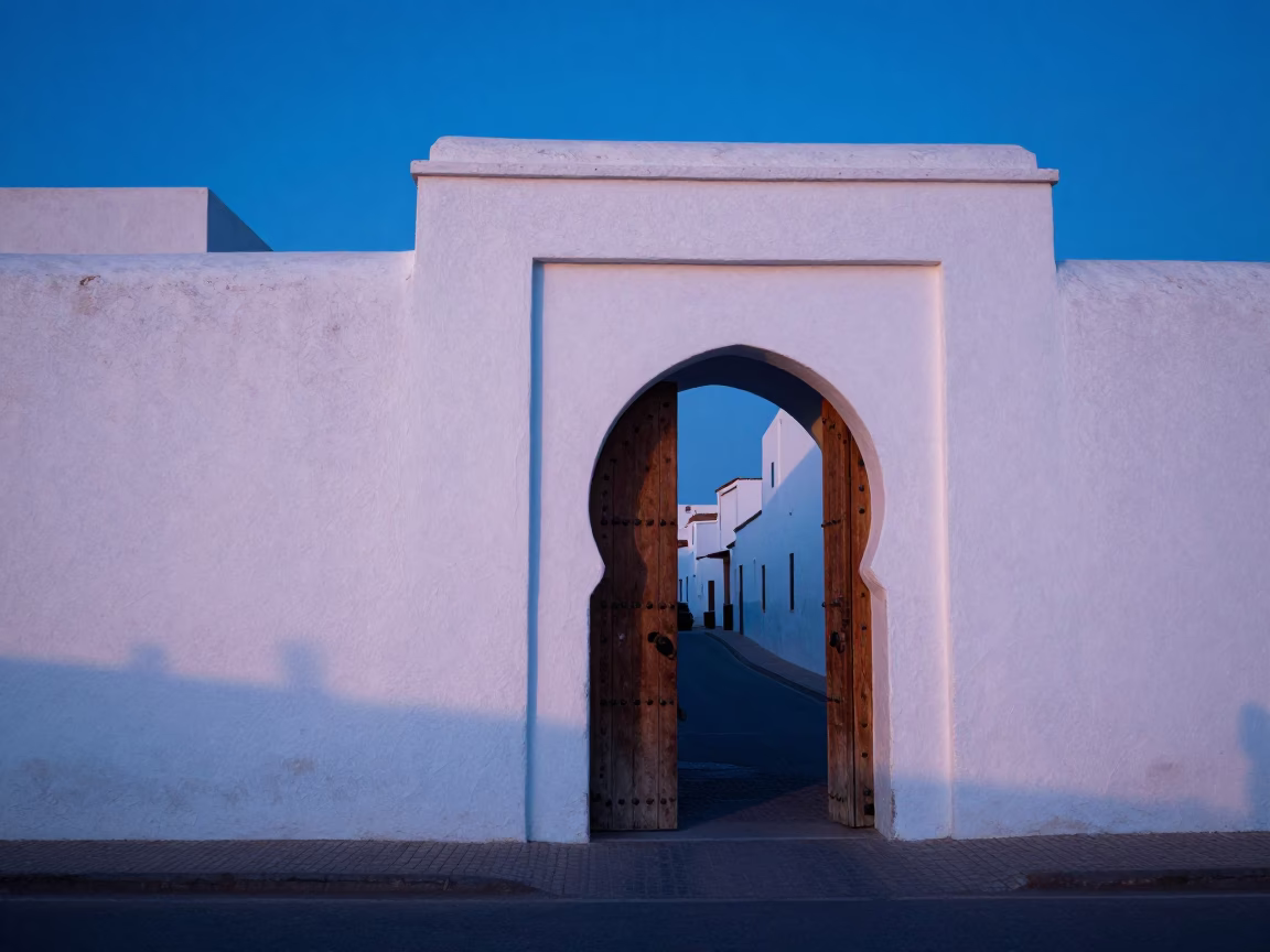 Early Morning Coastal Light on Essaouira Medina Walls and Open Gateway in in Essaouira, Morocco