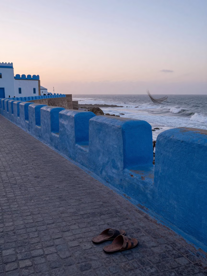 Early Morning Coastal Scene in Essaouira Morocco with Slippers and Windblown Architecture in in Essaouira, Morocco
