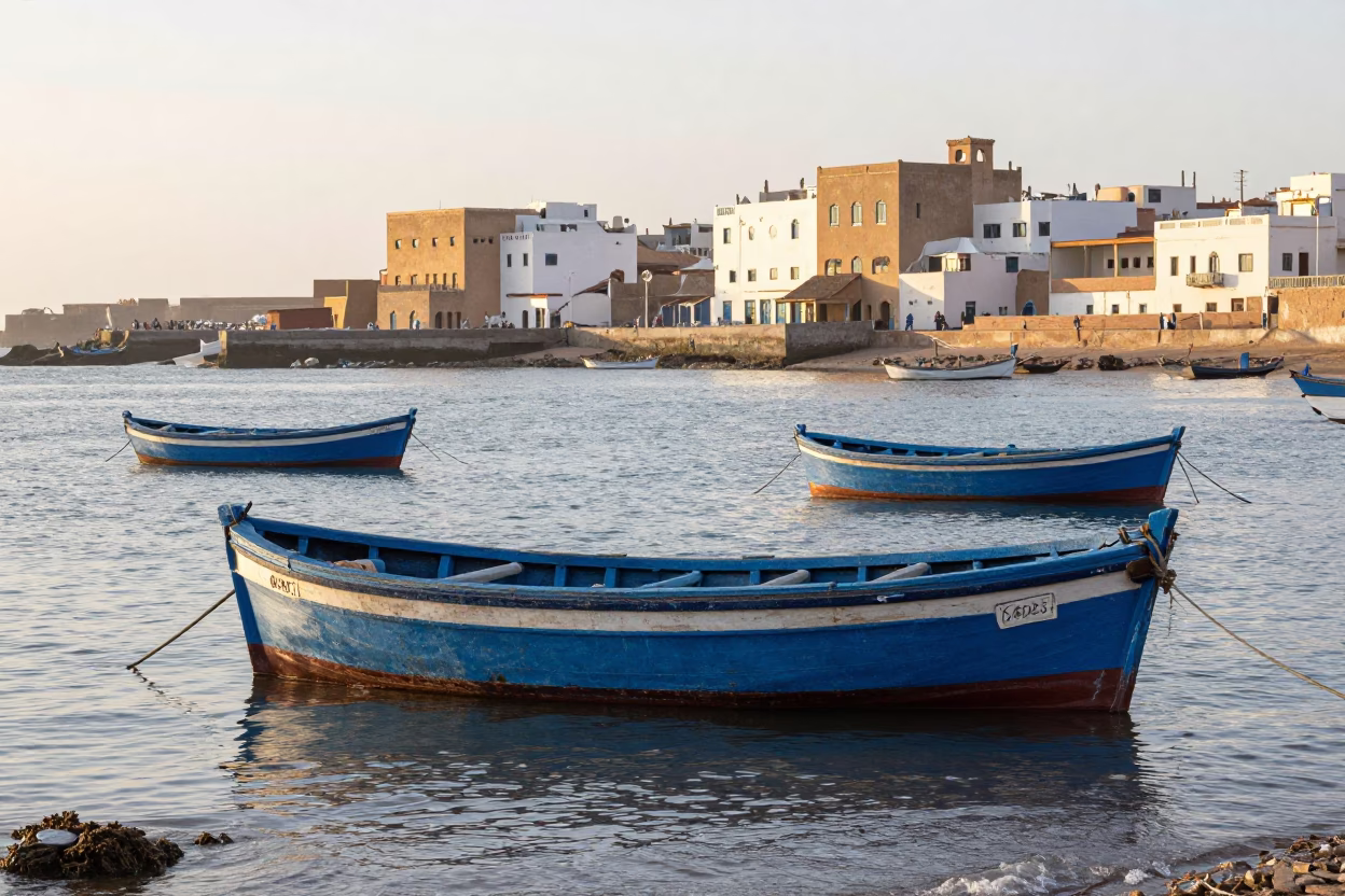 Early morning coastal scene in Essaouira Morocco with traditional fishing boats and harbor activity in in Essaouira, Morocco