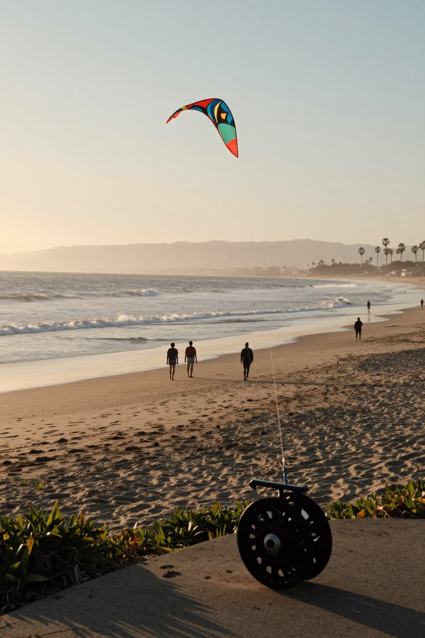 Early Morning Coastal Scene in San Diego with Kite Reel and Beachgoers in in San Diego, California, United States