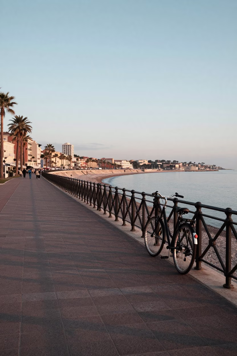 Early Morning Coastal Walk in Nice France with Bicycle and Urban Morning Light in in Nice, France