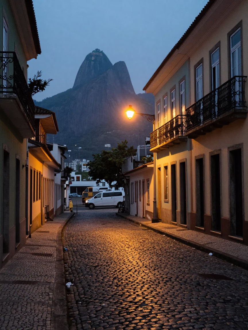 Early Morning Cobblestone Street in Rio de Janeiro Brazil Before Sunrise in in Rio de Janeiro, Brazil