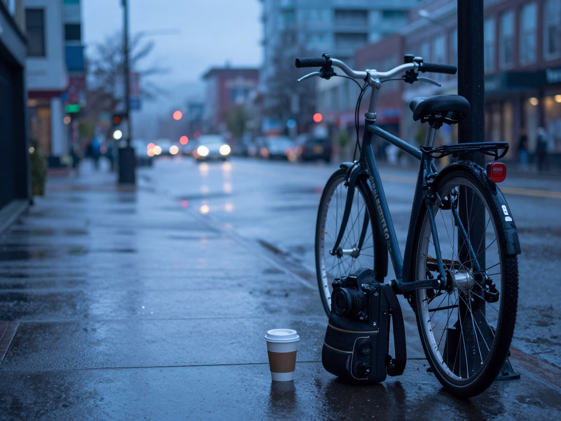Early Morning Coffee and Rain Gear on Vancouver Street Before Sunrise in in Vancouver, British Columbia, Canada