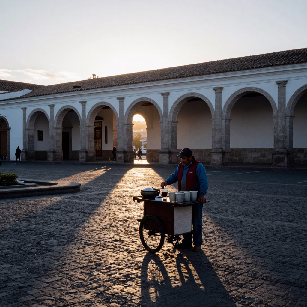 Early Morning Coffee Brew at Historic Quito Plaza Before Dawn in in Quito, Ecuador