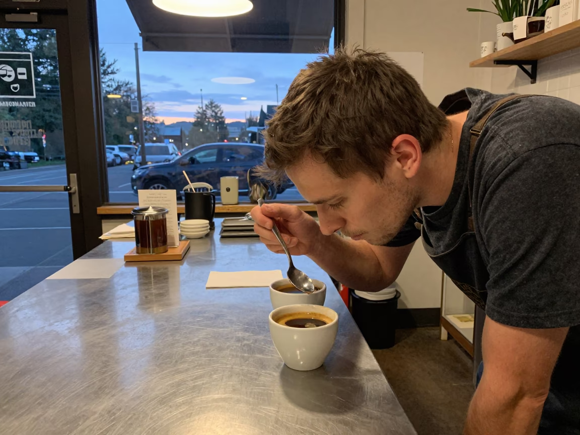 Early Morning Coffee Cupper Tasting Portland Oregon Before Dawn in in Portland, Oregon, United States