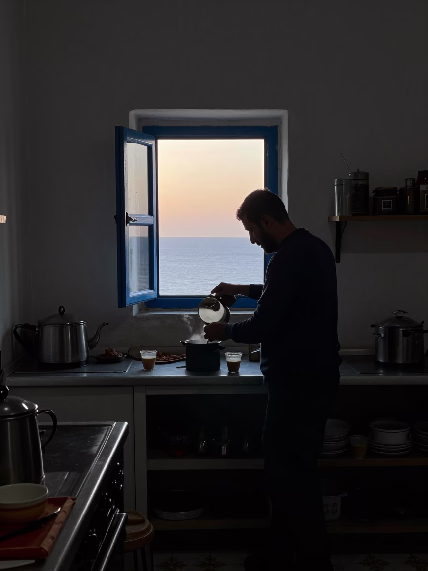 Early morning coffee preparation in a Tunisian kitchen before sunrise with traditional items in in Tunis, Tunisia