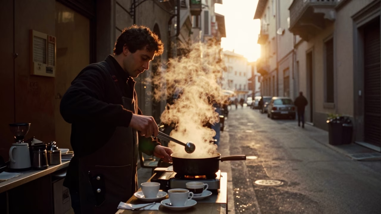 Early Morning Coffee Ritual in Milan Before Sunrise with Steam and Tongs in in Milan, Italy