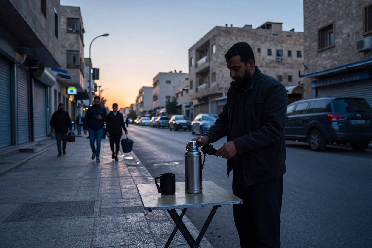 Early Morning Coffee Ritual on Amman Street with Thermos and Coffee Tin in in Amman, Jordan