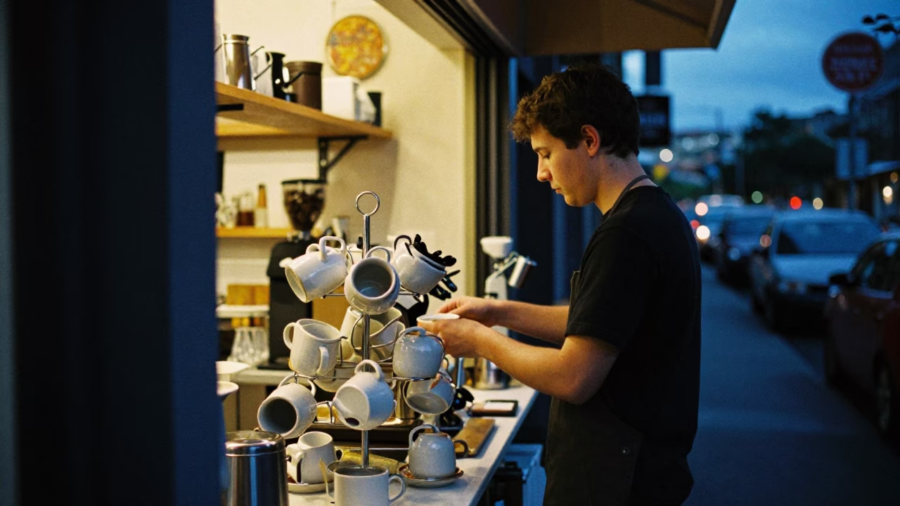 Early Morning Coffee Routine in Melbourne Laneway Cafe with Mug Tree and Wash Basin in in Melbourne, Victoria, Australia