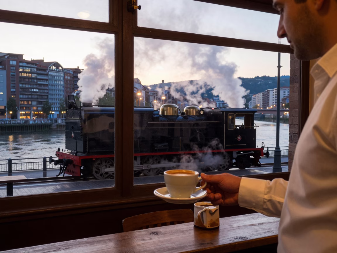Early Morning Coffee Service at Bilbao Cafe with Steam Locomotive Bridge View in in Bilbao, Spain