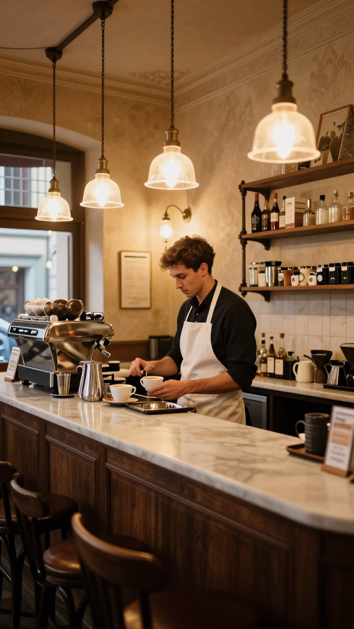 Early Morning Coffee Service at Historic Florence Cafe Before Dawn in in Florence, Italy