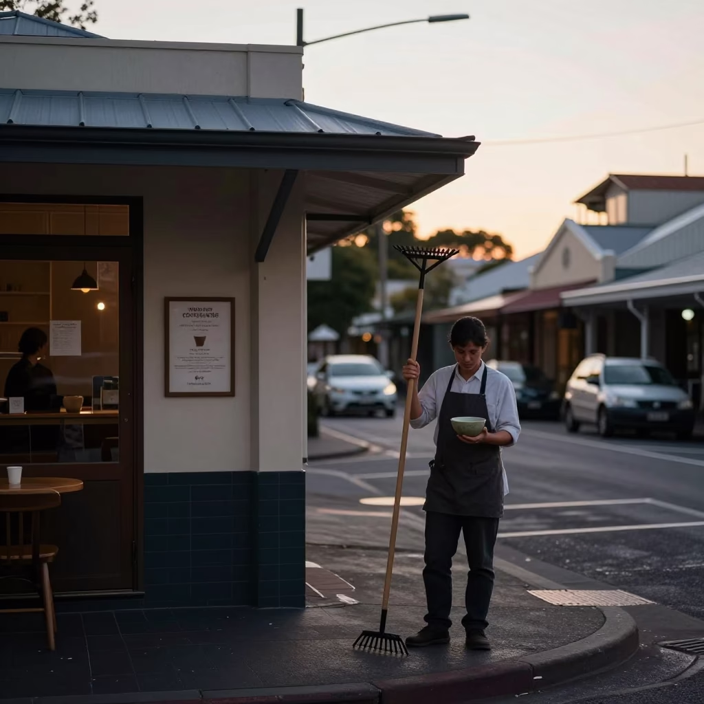 Early Morning Coffee Shop in Sydney Before Sunrise with Rake and Trolley in in Sydney, New South Wales, Australia
