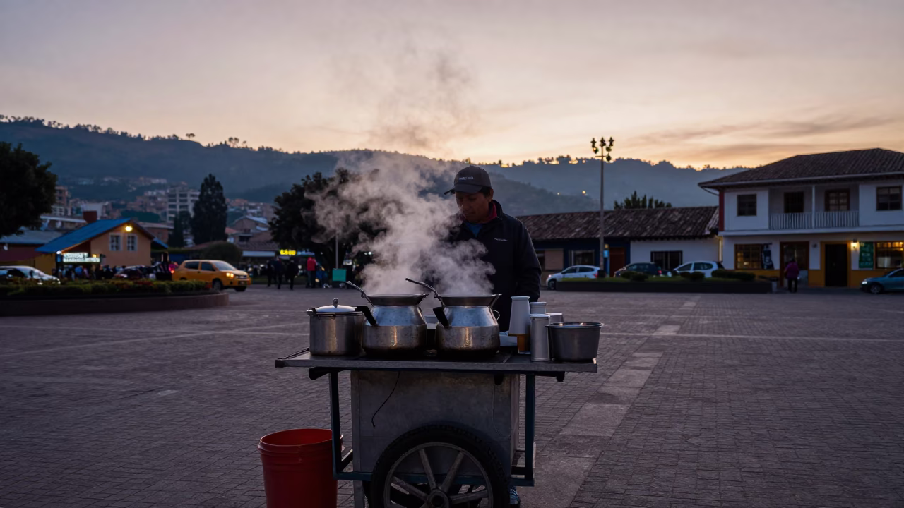 Early Morning Coffee Stall in Medellin Colombia Before Dawn with Steam and City Lights in in Medellin, Colombia