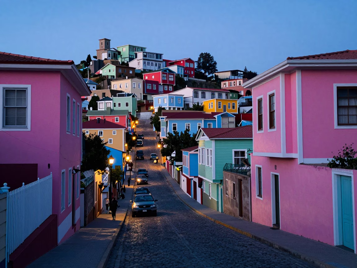 Early Morning Colorful Street Scene in Valparaiso Chile with Pre-Dawn Light in in Valparaiso, Chile