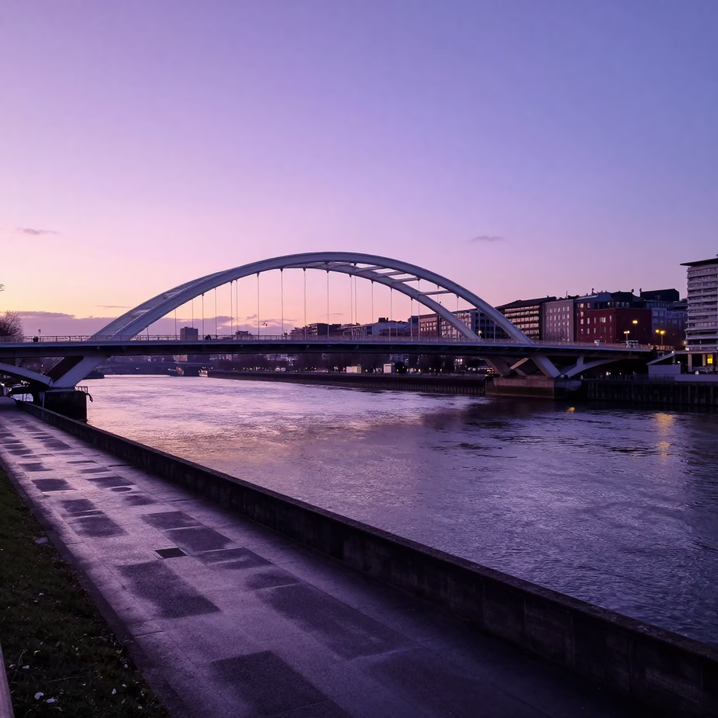 Early Morning Commute Along Bilbao's Nervion River Under Violet Dawn Sky in in Bilbao, Spain