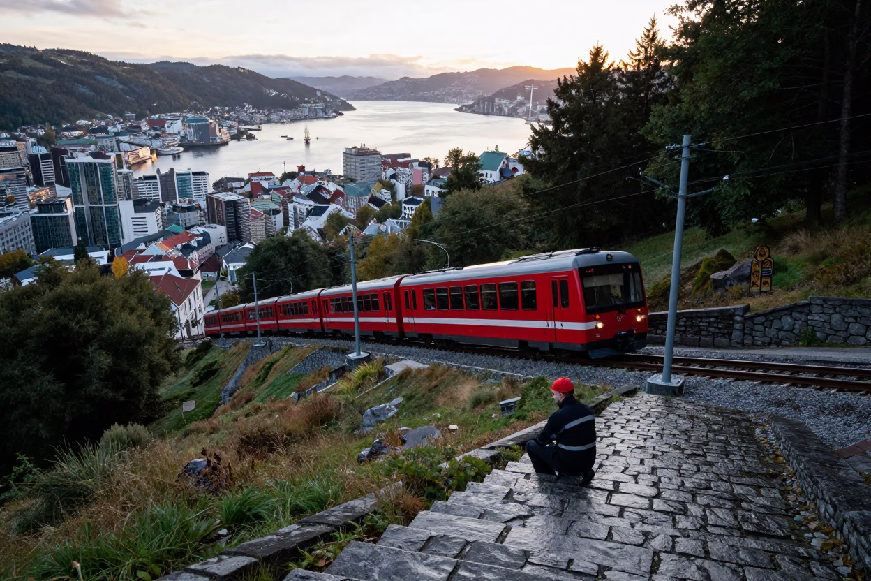 Early Morning Commute in Bergen Norway Near the Fløibanen Rack Railway in in Bergen, Norway