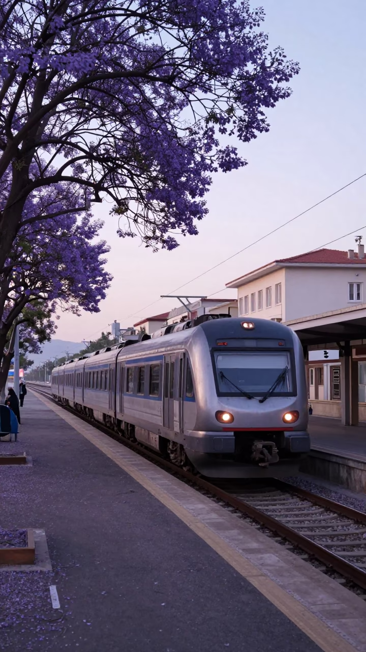 Early Morning Commuter Train Arrival at Izmir Platform with Purple Jacaranda Bloom in in Izmir, Turkey