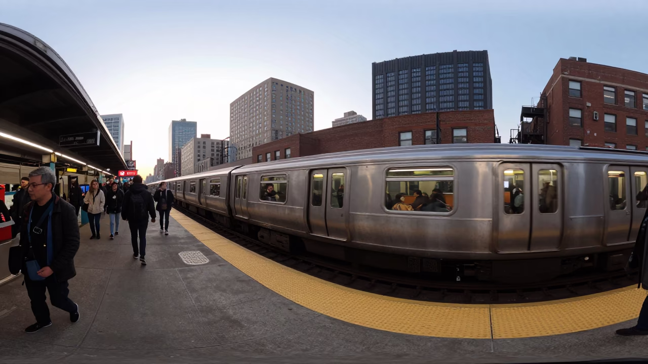 Early Morning Commuter Train Arrival at New York City Platform with Rush Hour Passengers in in New York, New York, United States