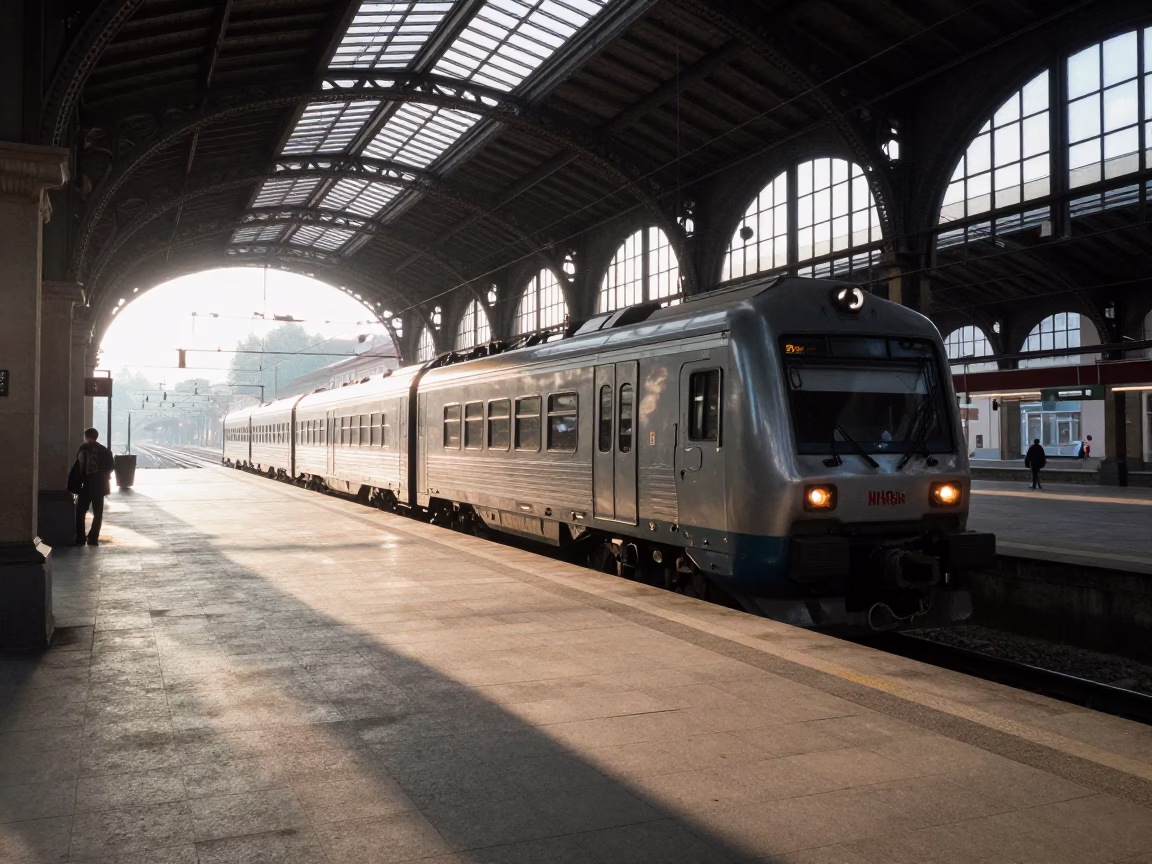 Early Morning Commuter Train at Krakow Główny Station Platform with Travelers in in Krakow, Poland