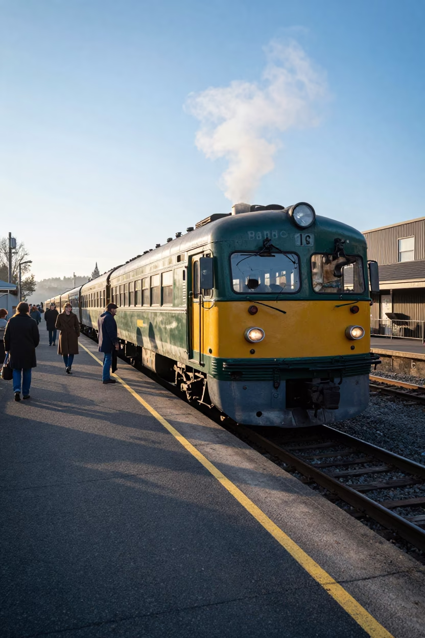 Early Morning Commuter Train at Portland Oregon Platform with German Shepherd Dog in in Portland, Oregon, United States