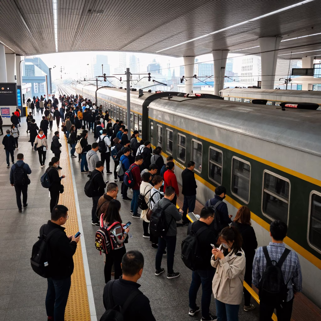 Early Morning Commuter Train Platform at Shanghai Railway Station with Passengers Waiting in in Shanghai, China