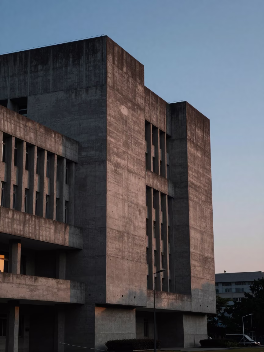 Early Morning Concrete Brutalist University Building in Kaohsiung Taiwan Before Sunrise in in Kaohsiung, Taiwan