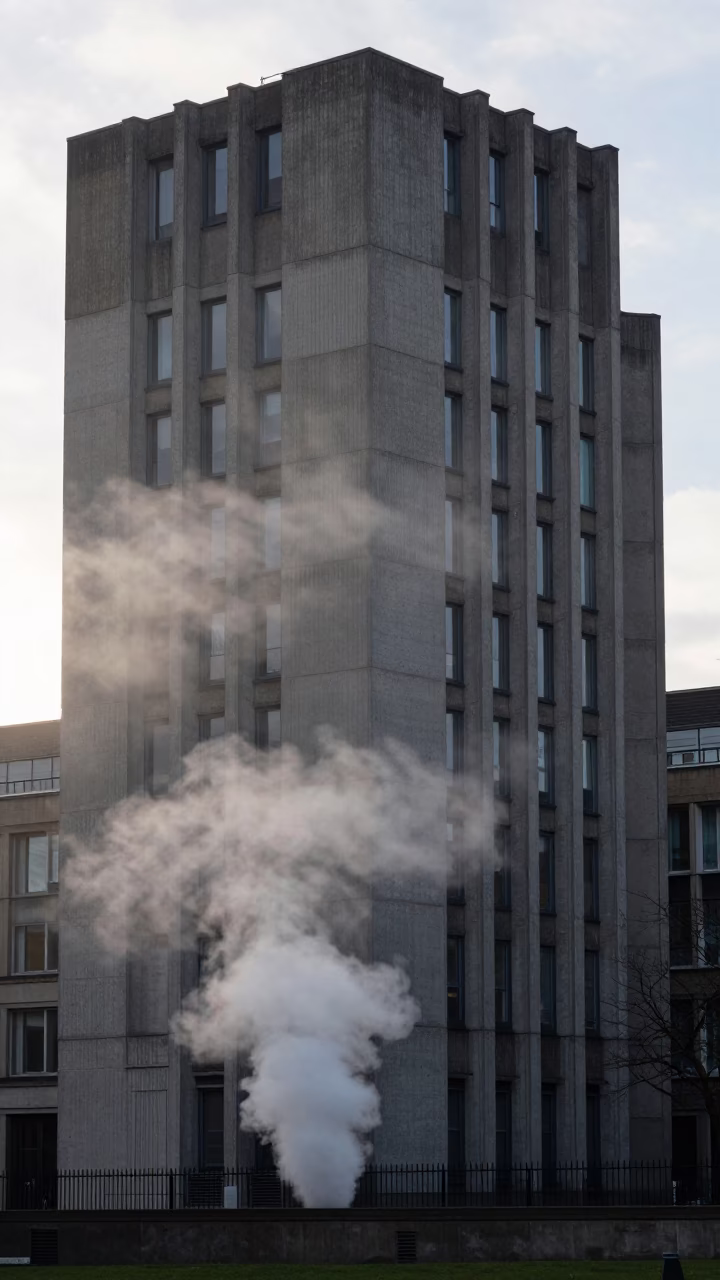 Early Morning Concrete Brutalist University Building in London United Kingdom with Steam Haze in in London, United Kingdom