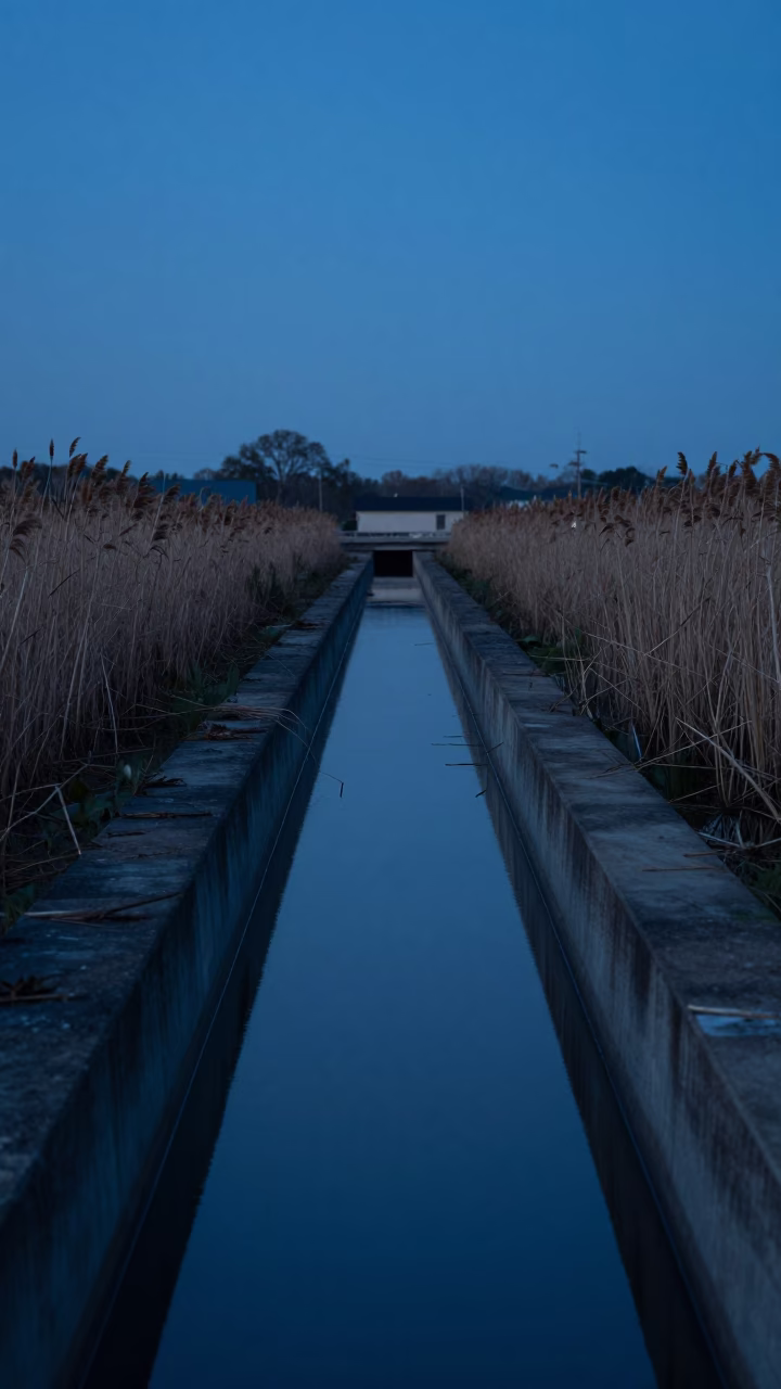 Early Morning Concrete Cooling Canal and Reeds in New Orleans Before Dawn in in New Orleans, Louisiana, United States