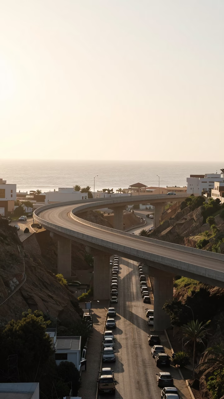 Early Morning Concrete Viaduct and Coastal Street Life in Casablanca Morocco in in Casablanca, Morocco