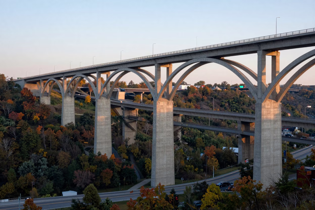Early Morning Concrete Viaduct Curving Across Montreal Valley Floor in Quebec Canada in in Montreal, Quebec, Canada