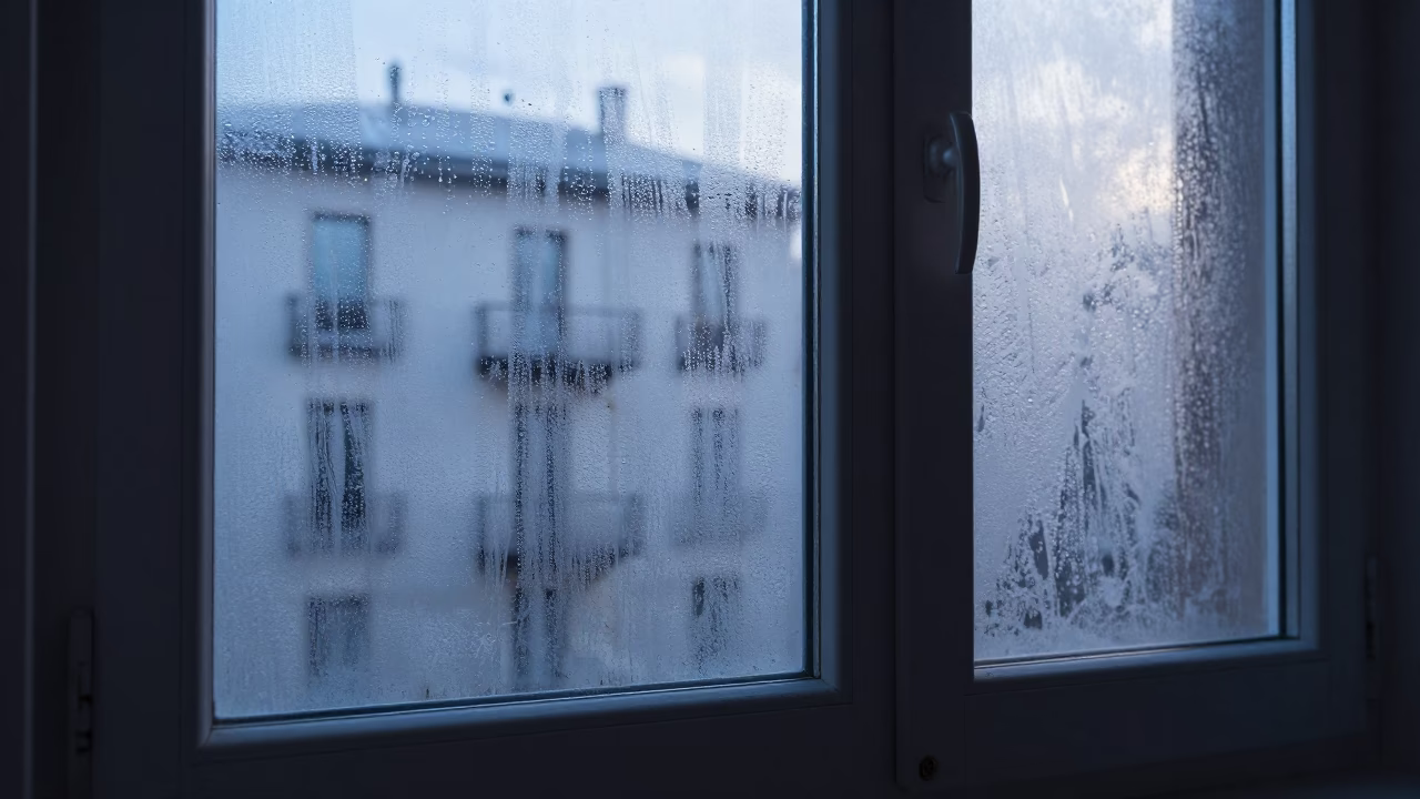 Early Morning Condensation on Milanese Apartment Window Before Sunrise in in Milan, Italy
