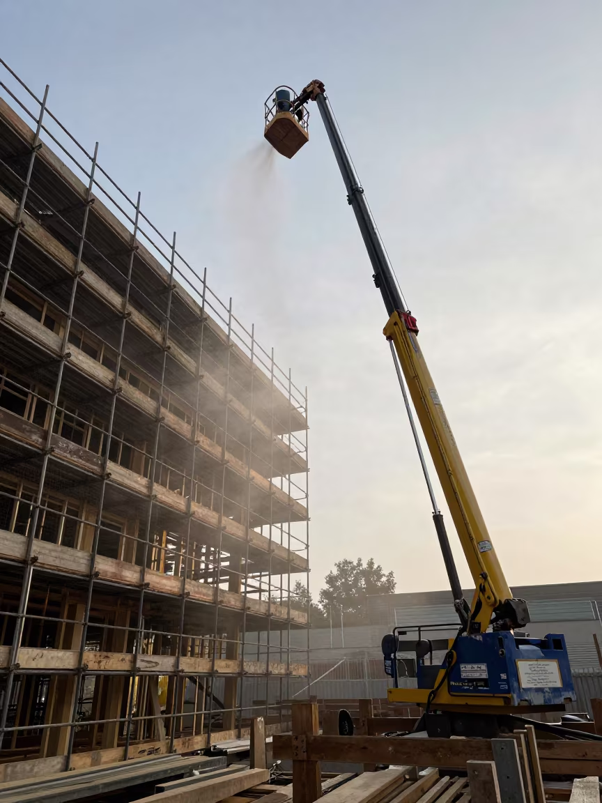 Early Morning Construction Hoist Landing Storm Cleanup in beside a framed building shell near Nottingham