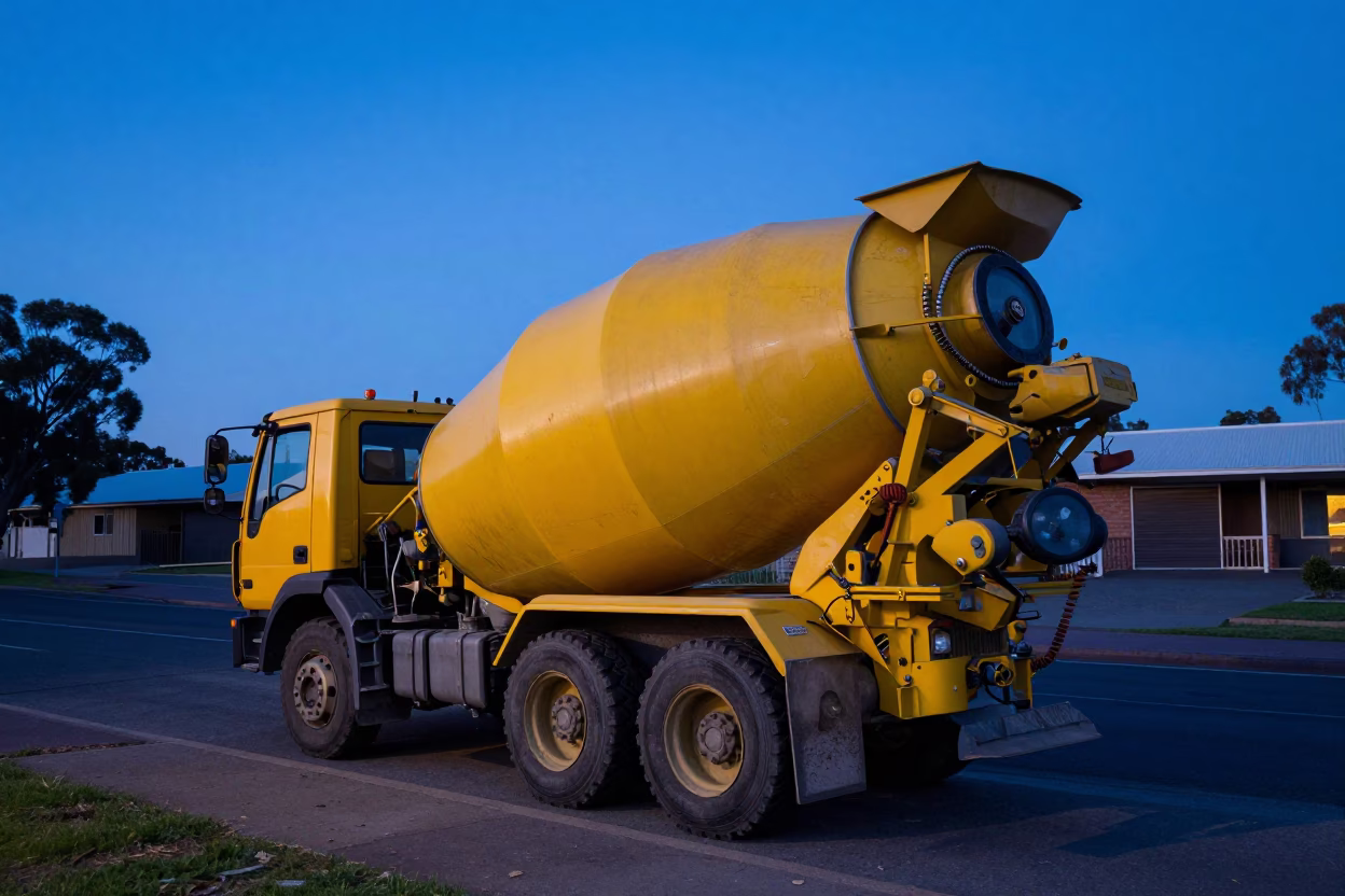 Early Morning Construction Site in Adelaide South Australia Cement Mixer Before Sunrise in in Adelaide, South Australia, Australia