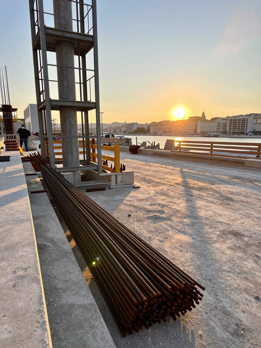 Early Morning Construction Site in Marseille France with Rebar Bundles and Elevator Gate in in Marseille, France