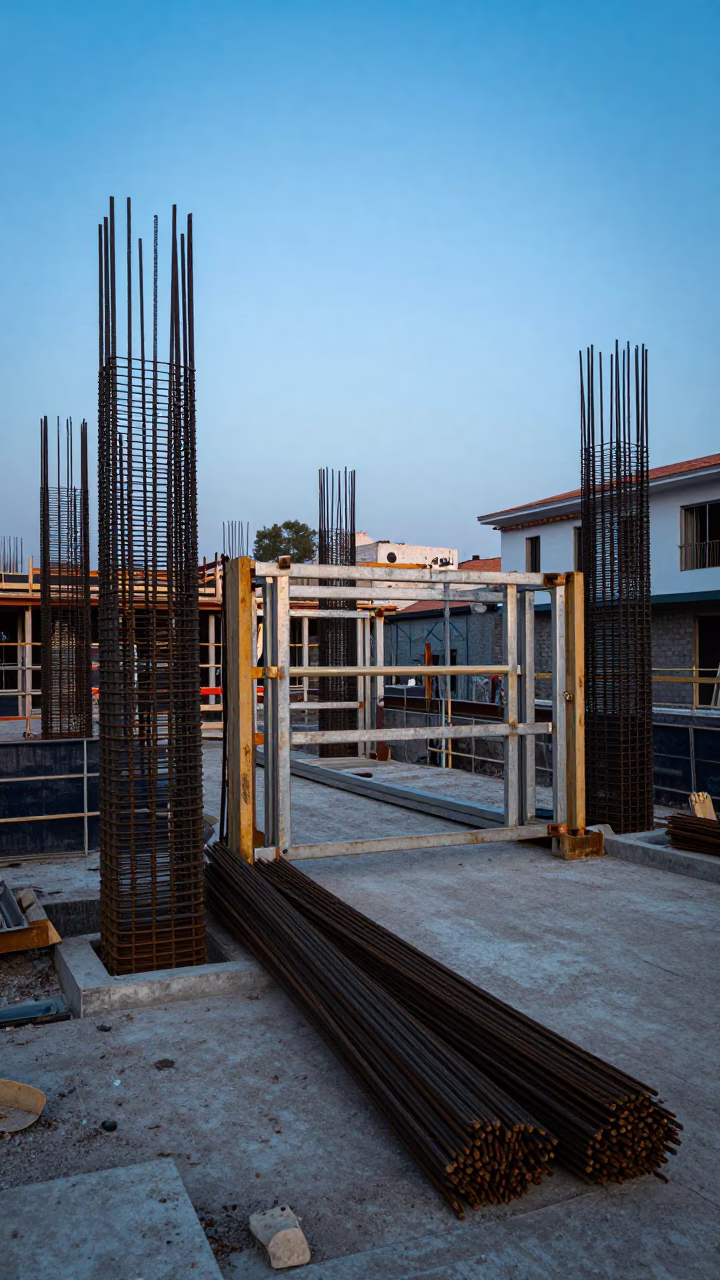 Early Morning Construction Site with Rebar Bundles in Quito Ecuador in in Quito, Ecuador