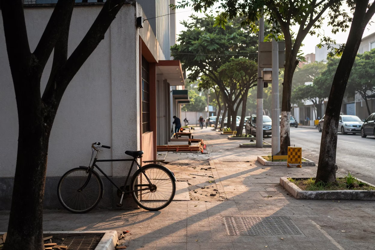 Early Morning Construction Site with Vintage Bicycle and Trolley in São Paulo Brazil in in São Paulo, Brazil