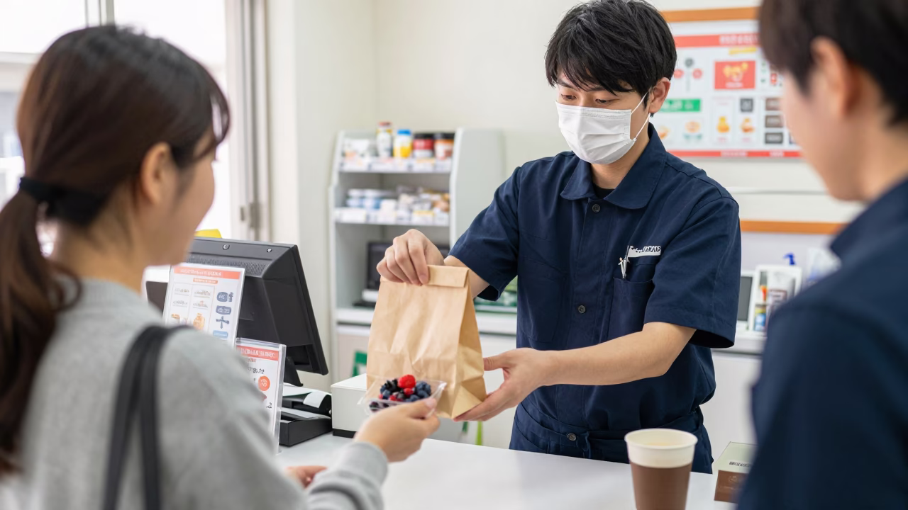Early Morning Convenience Store Breakfast Scene in Fukuoka Japan with Coffee and Fruit in in Fukuoka, Japan