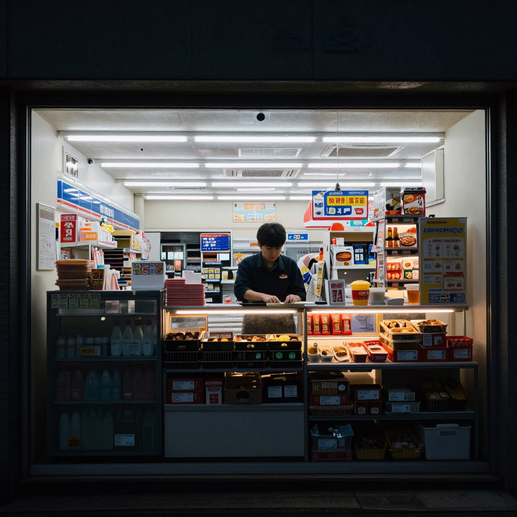 Early Morning Convenience Store Counter in Tokyo Before Sunrise with Hot Food and Coffee in in Tokyo, Japan