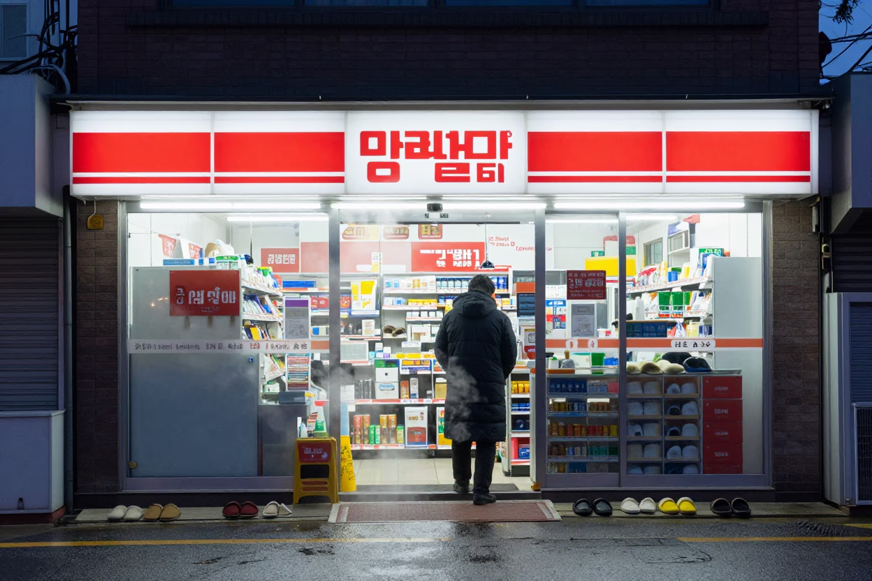Early Morning Convenience Store in Seoul South Korea with Steam and Slippers in in Seoul, South Korea