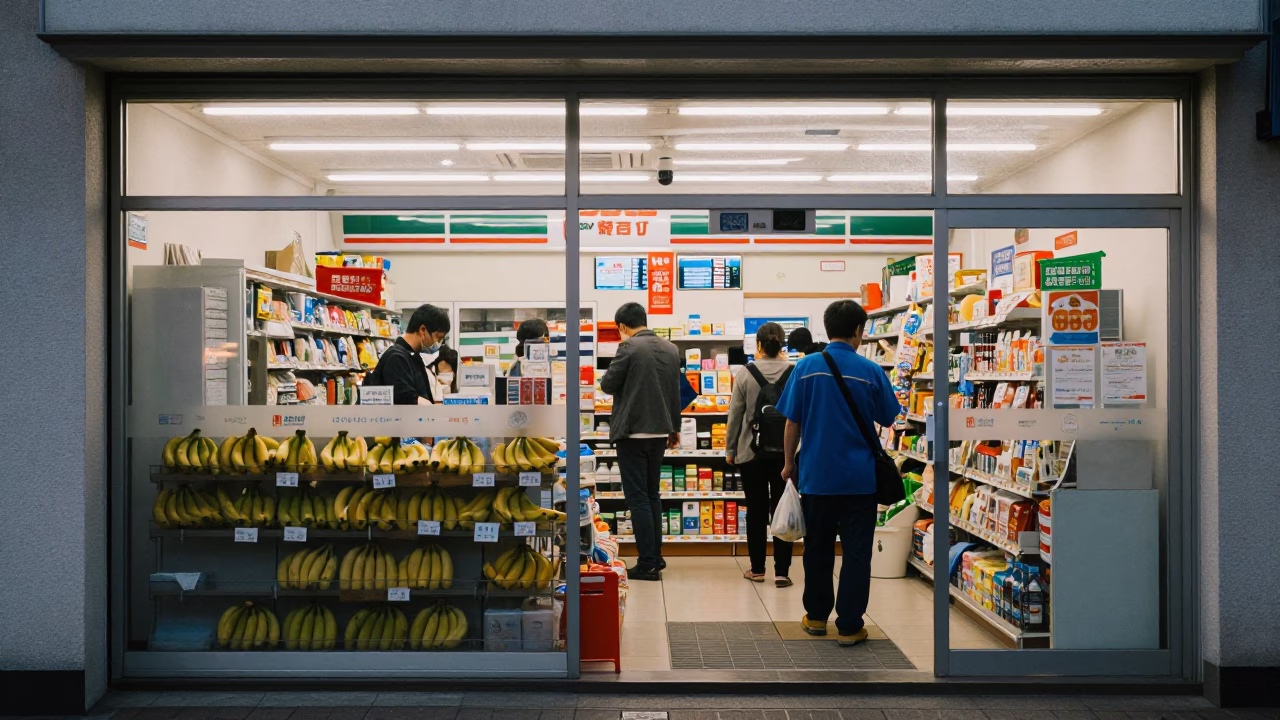 Early Morning Convenience Store Scene in Osaka Japan with Bananas and Dawn Light in in Osaka, Japan