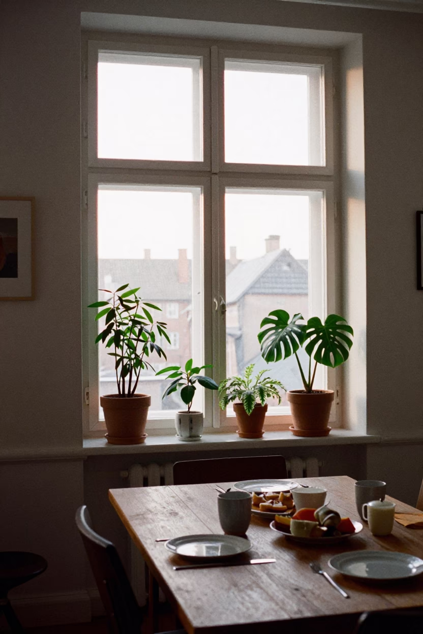 Early Morning Copenhagen Apartment Interior with Houseplants and Ceramic Plate in in Copenhagen, Denmark