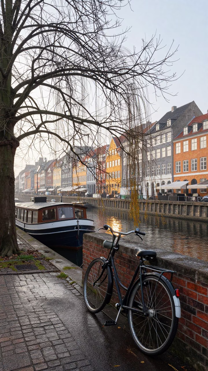 Early Morning Copenhagen Canal with Vintage Bicycle and Houseboat Under Autumn Willows in in Copenhagen, Denmark