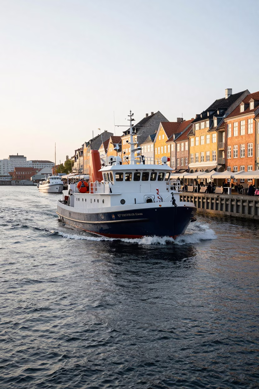 Early Morning Copenhagen Harbor Pilot Boat Navigating Choppy Waters Near Nyhavn in in Copenhagen, Denmark