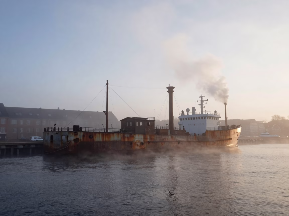 Early Morning Copenhagen Harbor Scene with Steam and Rusted Drawbridge in in Copenhagen, Denmark