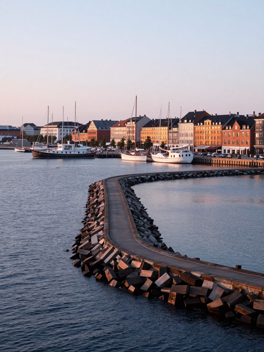 Early Morning Copenhagen Harbor View with Spiral Breakwater and City Skyline in in Copenhagen, Denmark