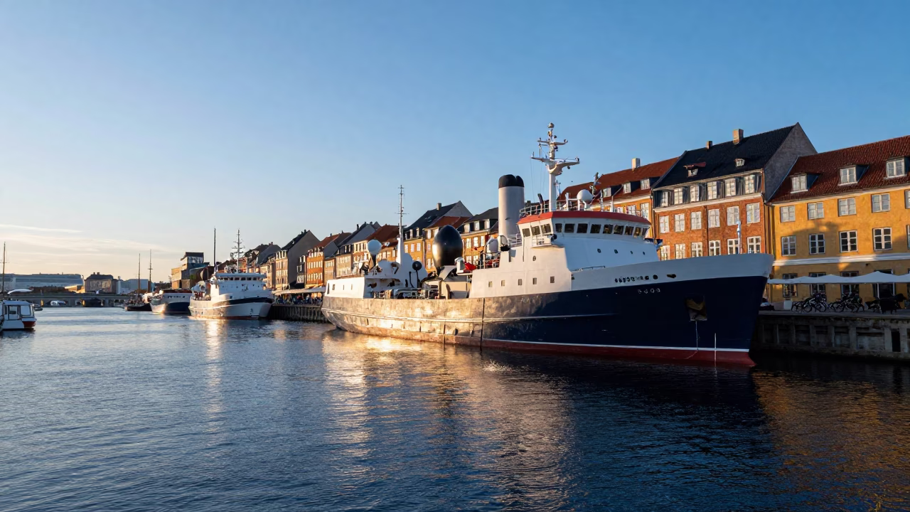 Early Morning Copenhagen Harbor with Research Vessel and Cyclists in in Copenhagen, Denmark