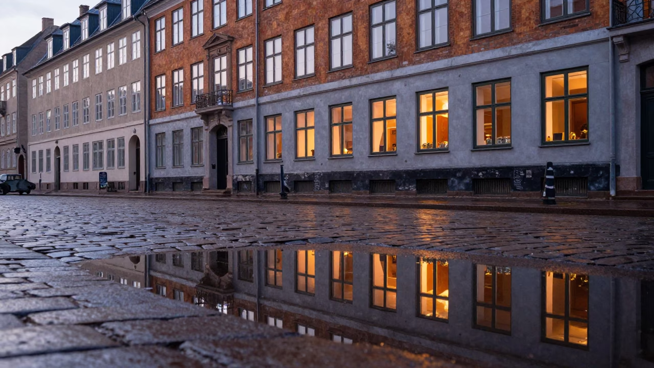 Early Morning Copenhagen Street Reflections with Hotel Windows and Tail Lights in in Copenhagen, Denmark
